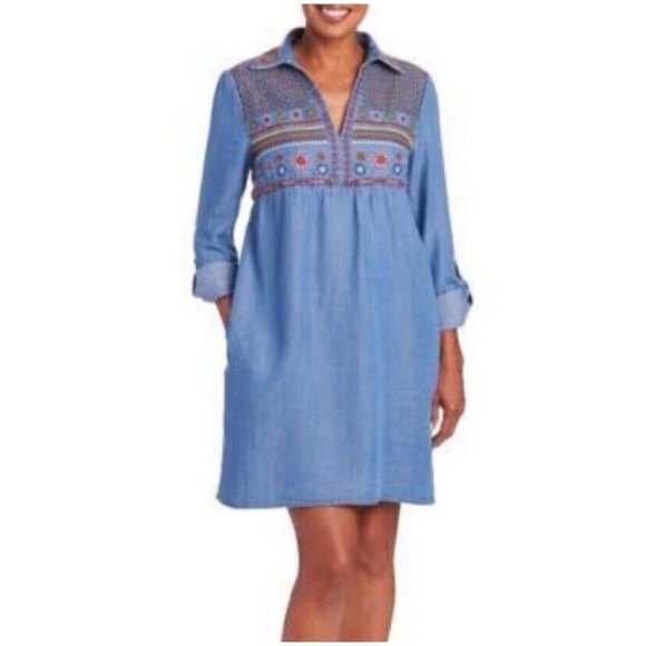 Chelsea & Theodore denim shirt dress boho embroidered size L colorful E12 - Picture 8 of 9